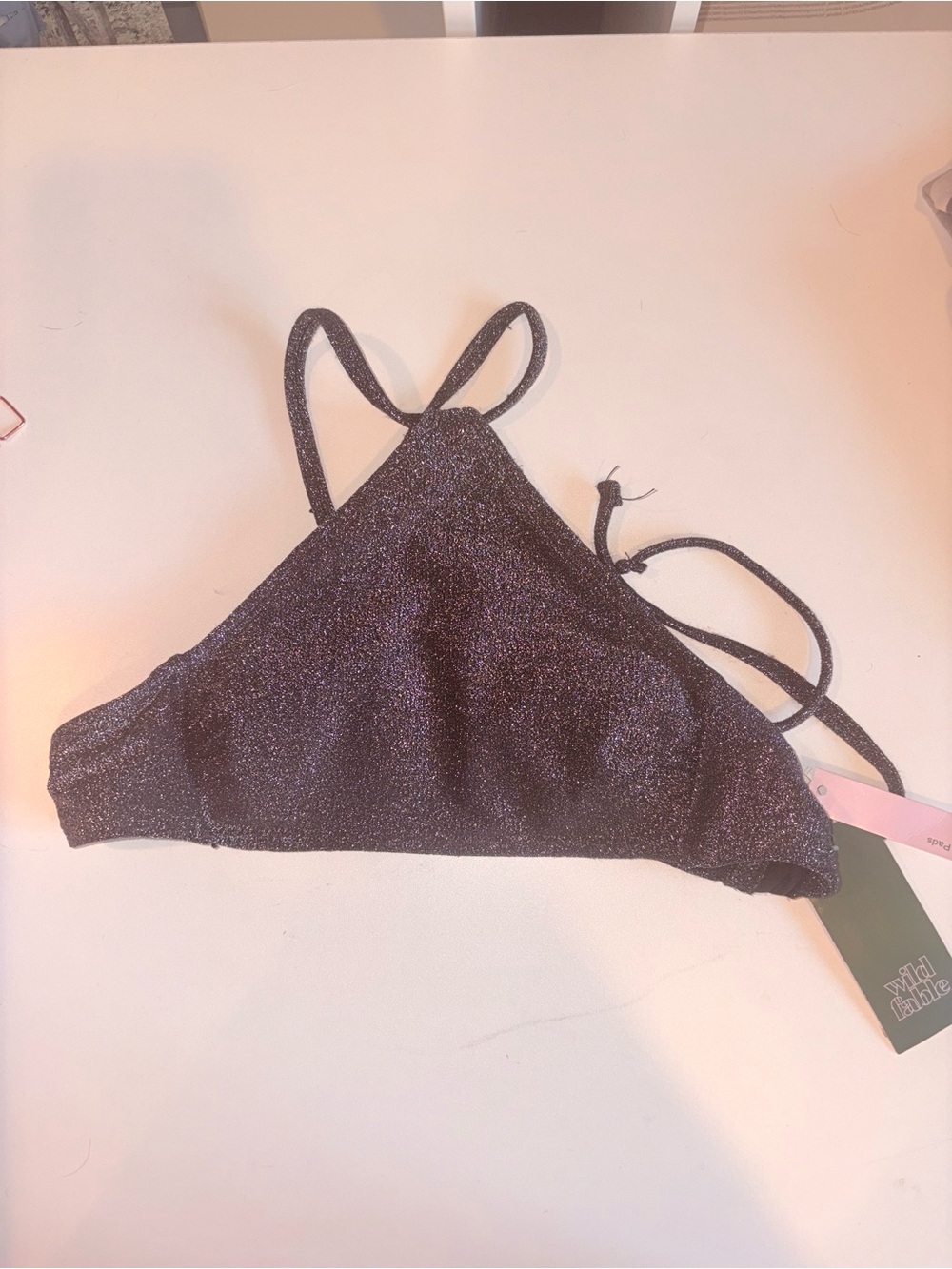 NWT Wild Fable Black Shimmer High Neck Halter Bikini Top XS